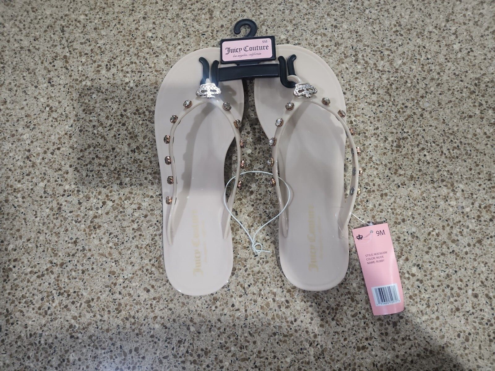 New Juicy Couture Womens Nude Jeweled Bling Flip Flops Size 6M 7M 8M 9M 10M