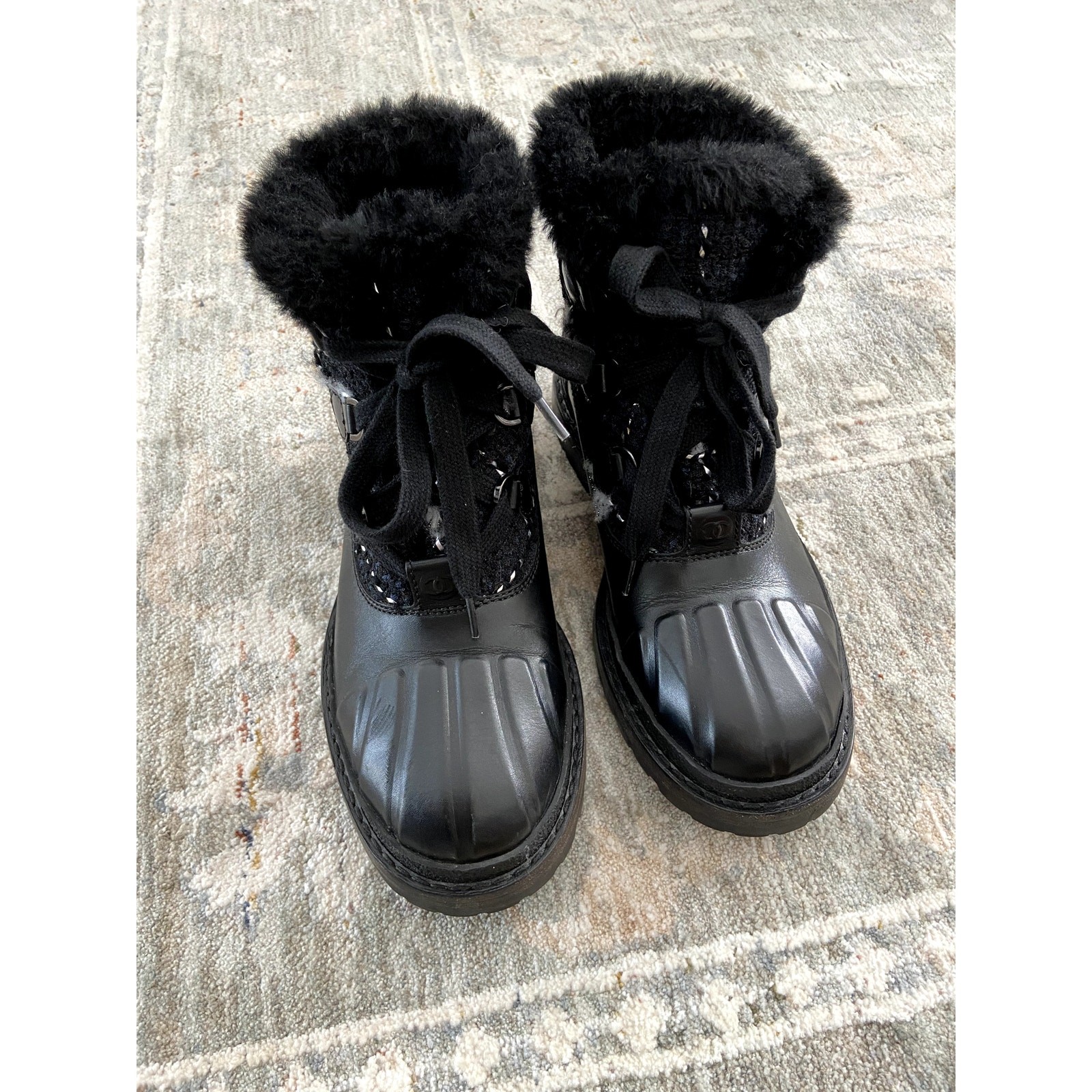 Chanel Tweed Rubber Ankle Short Combat Boots size 37.5