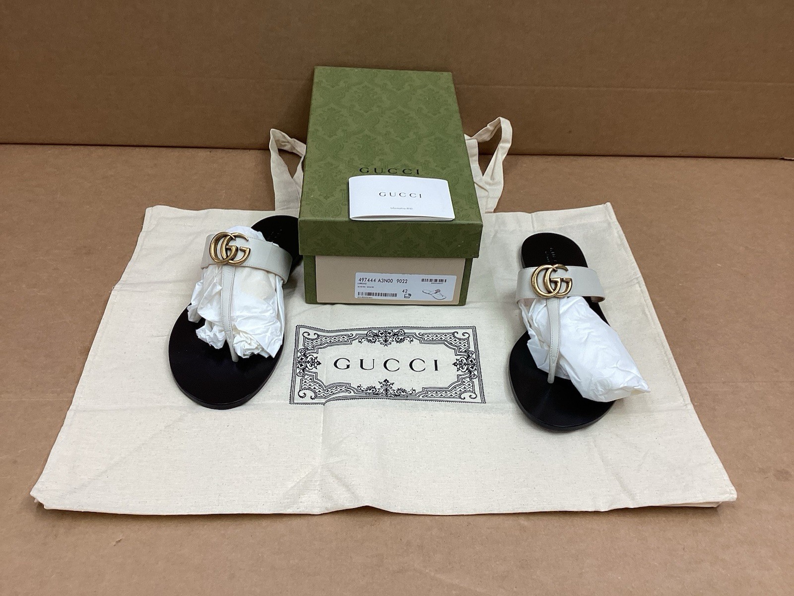 Gucci GG Marmont Thong Sandal , Gold / Black , White Leather , Sz 42