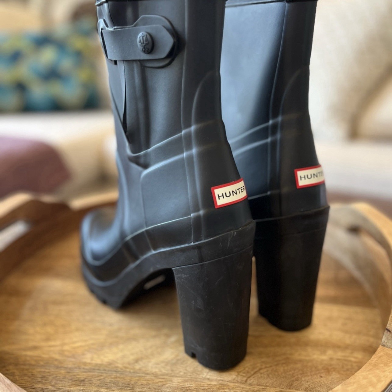 Hunter Black Waterproof Ankle Rain Boots Adjustable Strap Block Heel *RARE*