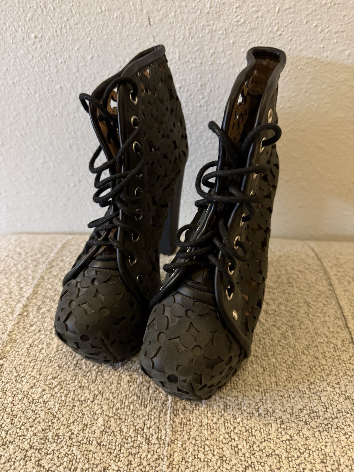 Size 6 – Jeffrey Campbell Lita Black See Through Floral VTG Handmade Havana Last