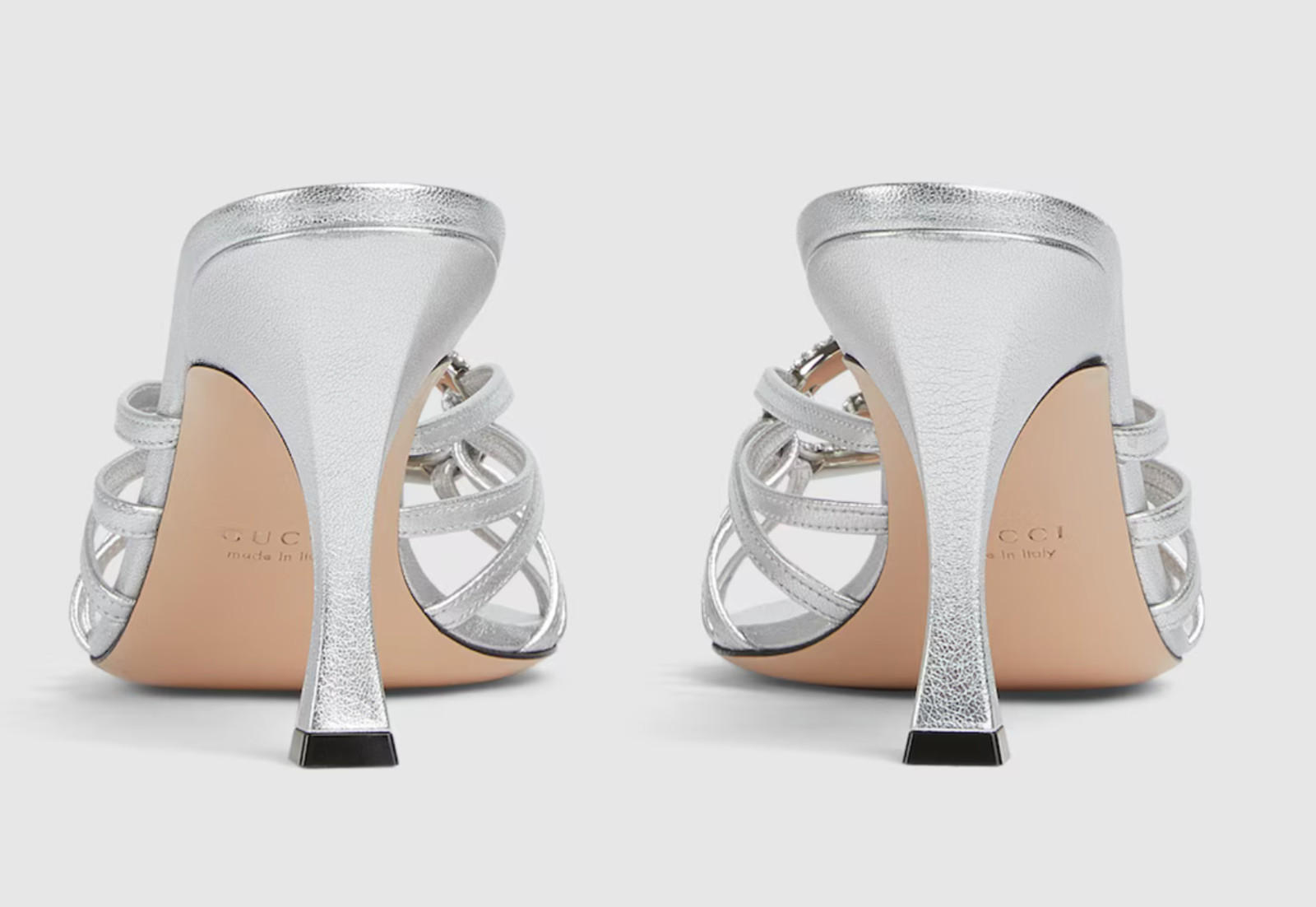 Gucci Interlocking G 85mm Silver Leather Crystal GG Logo Heel Mule Sandal 40