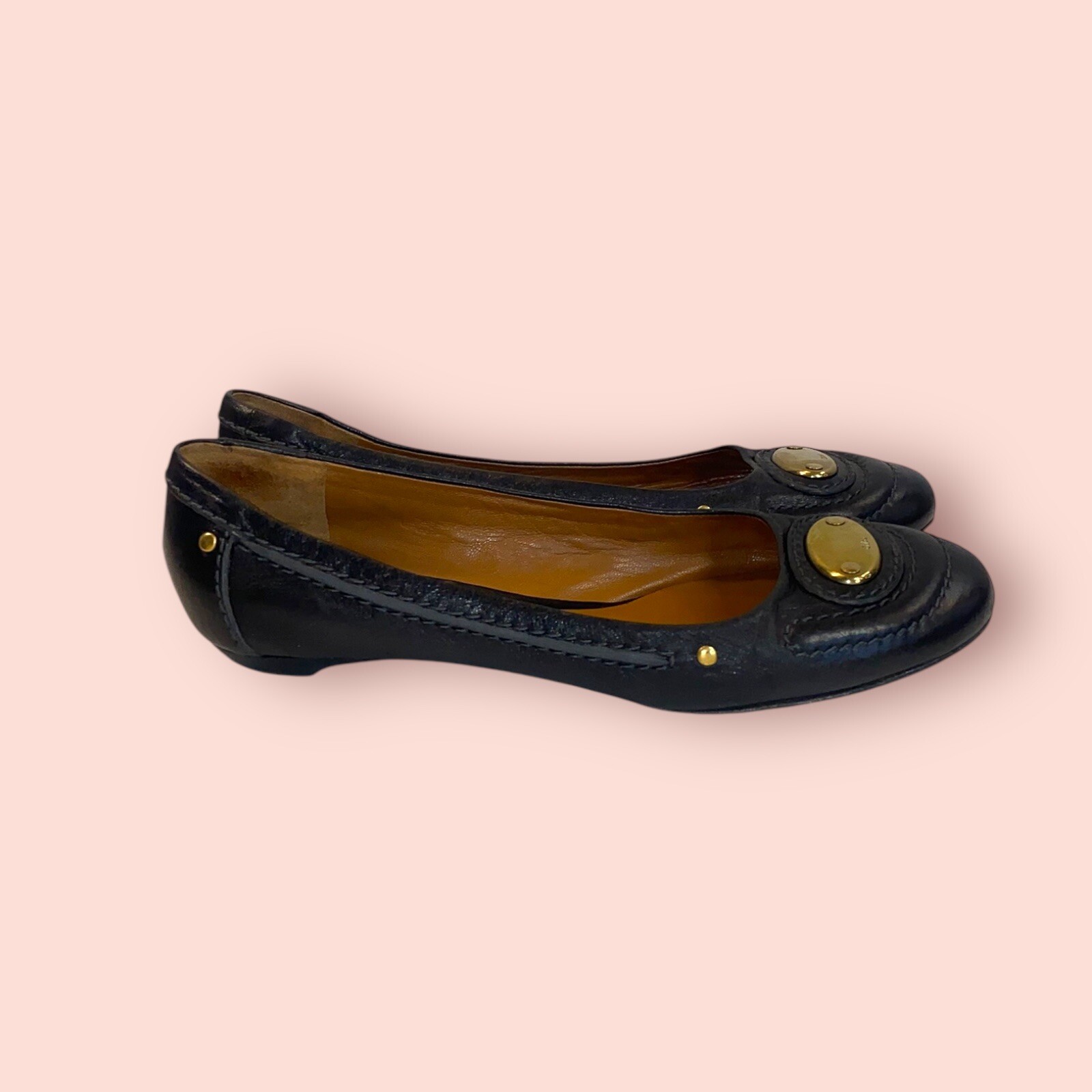 CHLOE Black Luxury Designer Leather Flats Metal Logo Accents Made In Italy 39