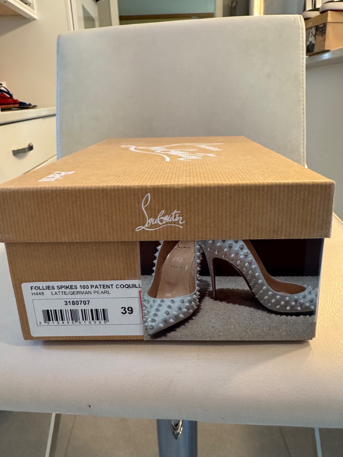 Christian Louboutin Follies Spikes 100 in Patent Coquillage (German Pearl/Latte)