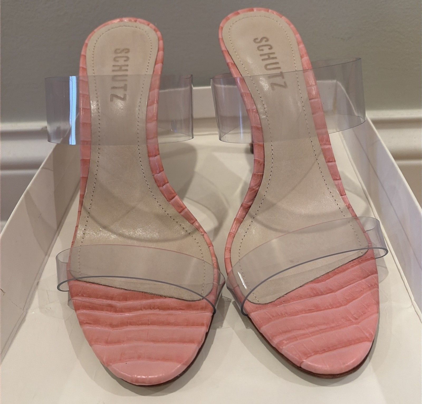 SCHUTZ Ariella rose pink Open Translucent Straps Stiletto High Heel Sandals Sz 7