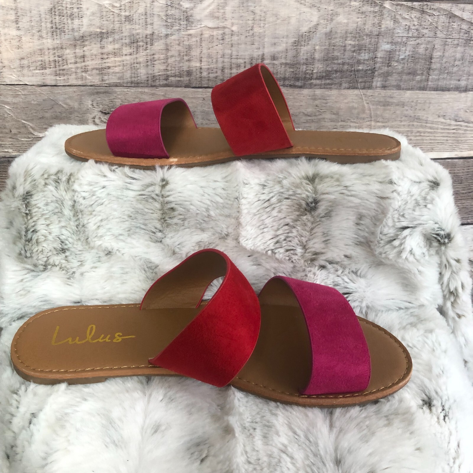 Lulus Red/Pink Women’s Vegan Suede Slide Sandals Size 7.5