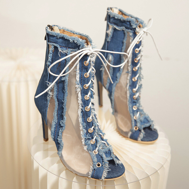 New Women Lace Up Peep Toe Sexy High Heels Mesh Denim Fashion Sandals Boots