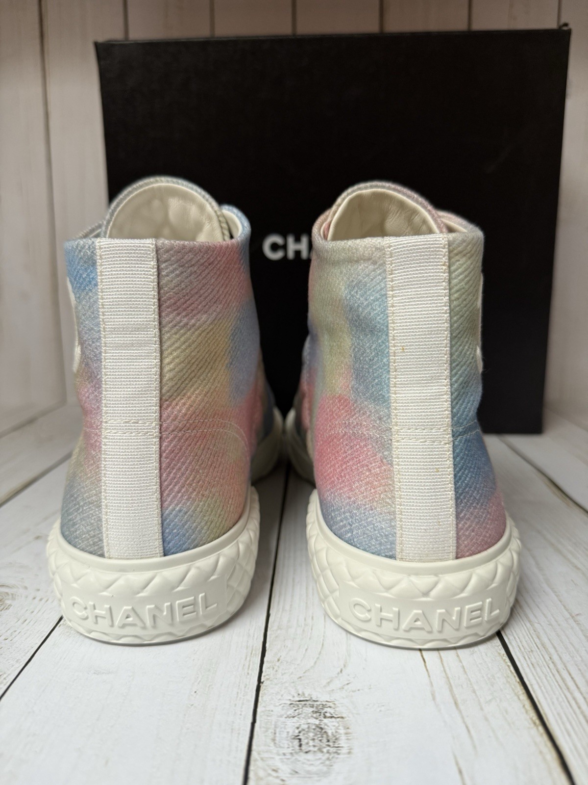 CHANEL Printed Fabric Quilted High Top Sneakers Green Pink Blue Sz 39 / 9