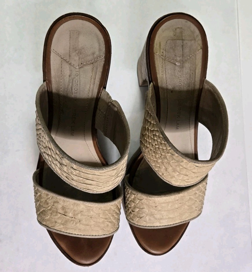 Derek Lam 10 Crosby Cream Snake Embossed Leather Wood Platform Slide Sandals 8M