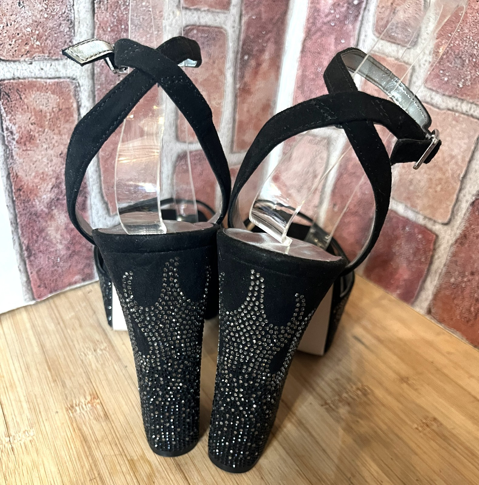 JESSICA SIMPSON BLACK/SILVER RHINESTONE FLAME PLATFORM HEELS LIRIO2 9M WITH BOX