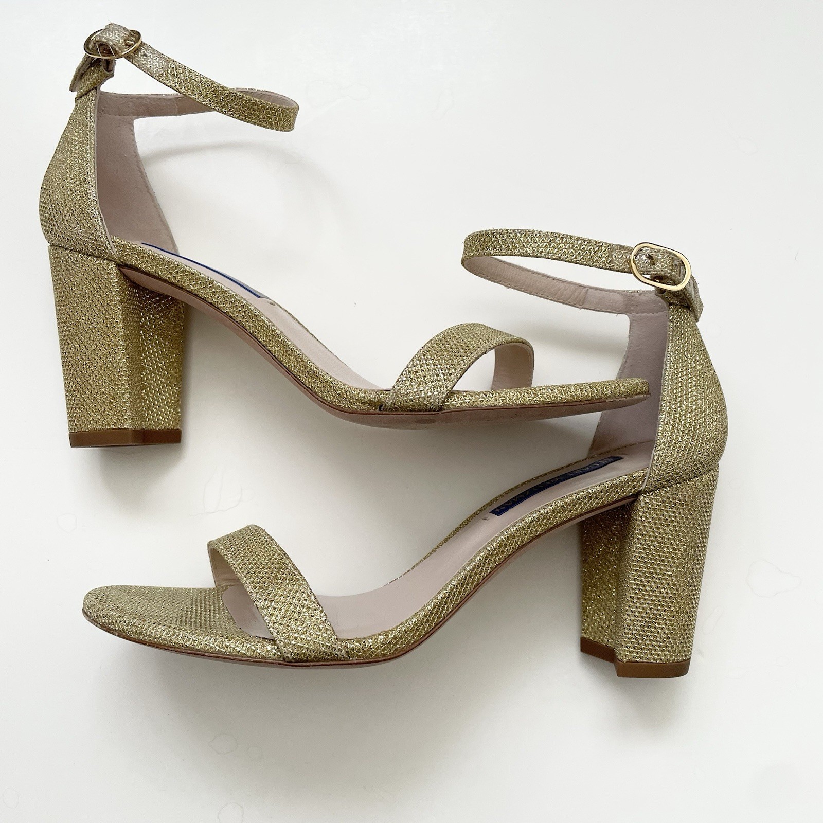 Stuart Weitzman Nearlynude Block Heel Sandal in Gold Glitter Lame Fabric 6.5