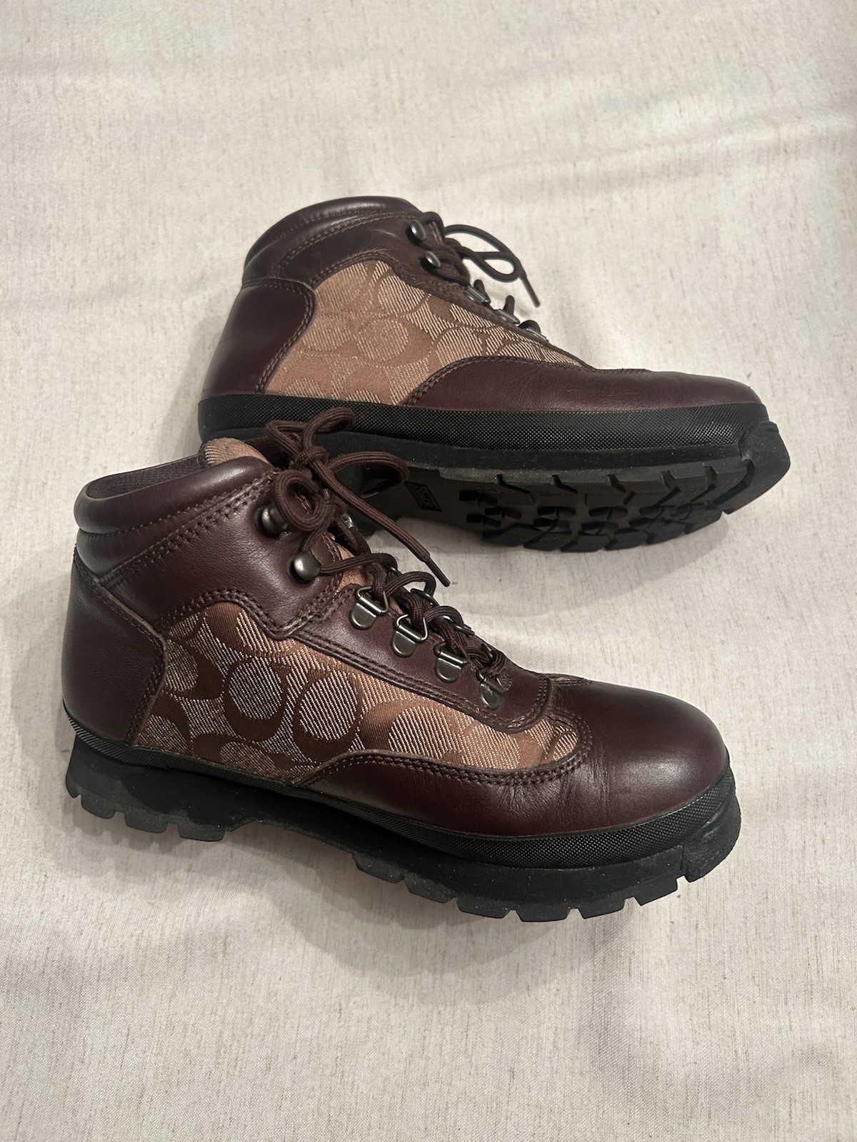 Coach Womens Hannah Brown Leather Signature Monogram Canvas Hiking Ankle Boots
