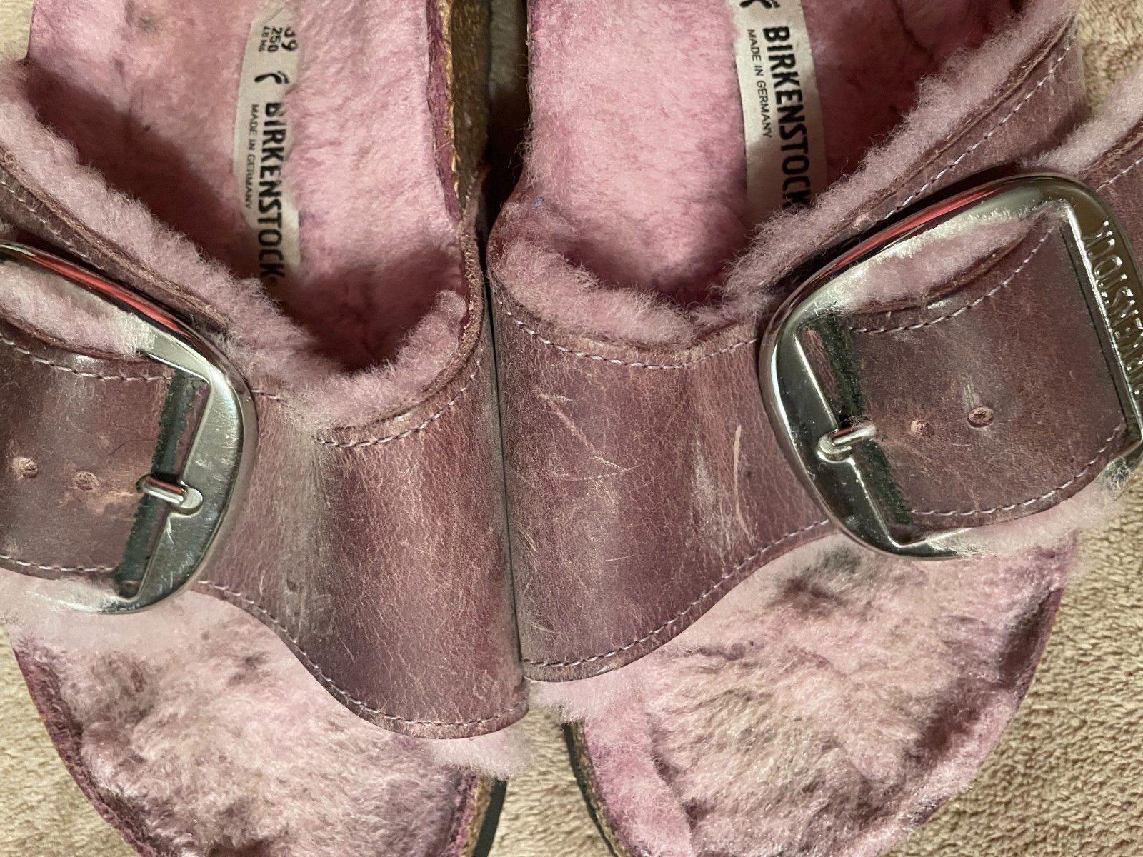 BIRKENSTOCK MADRID BIG BUCKLE SANDALS SHEARLING LINED DISTRESSED PURPLE 39