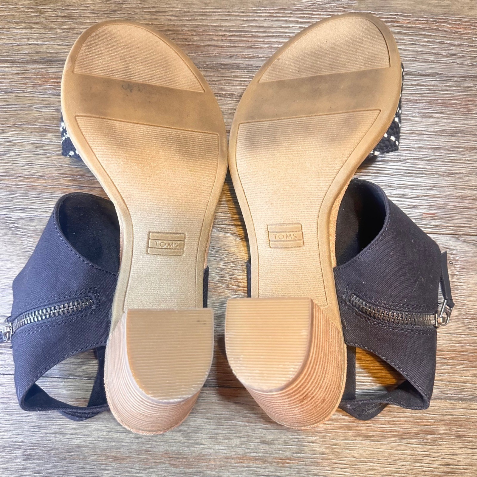 TOMS Majorca Black Wedge Sandals Size 11 Zipper Ankle Strap Espadrille Style