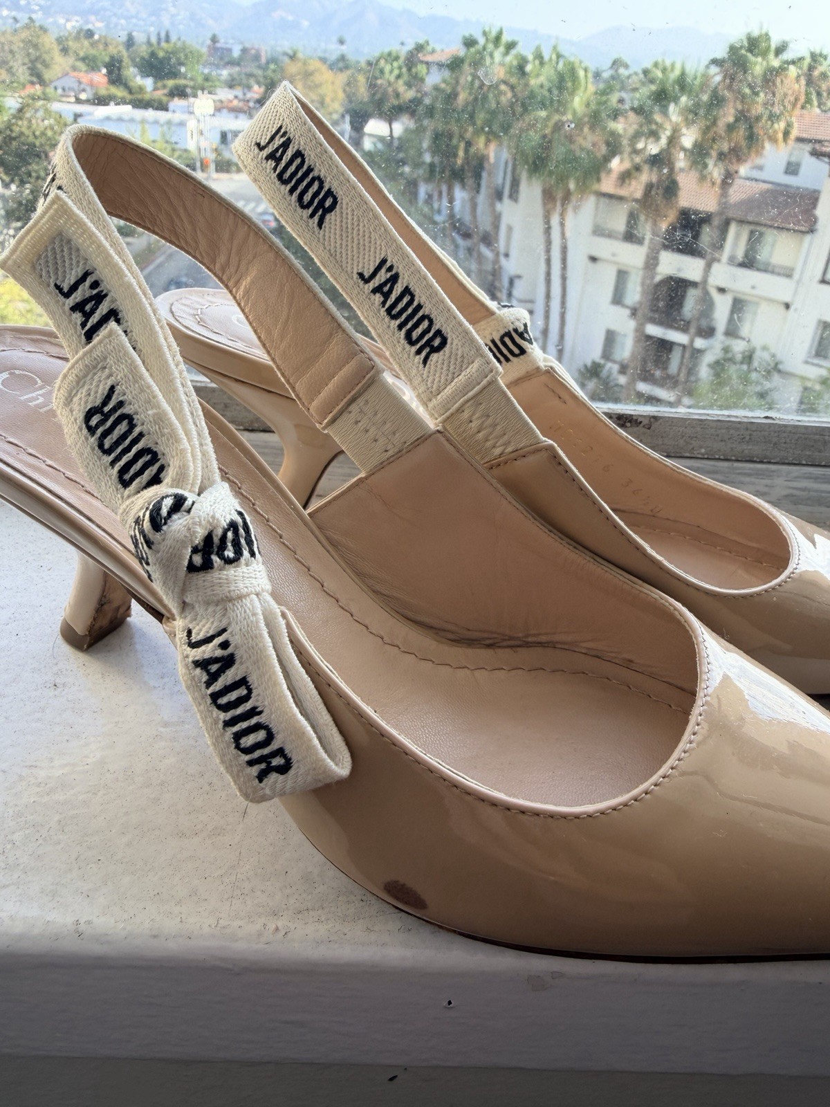 Christian Dior Beige Patent Leather Slingback Pointed Toe Logo Heels 4.5