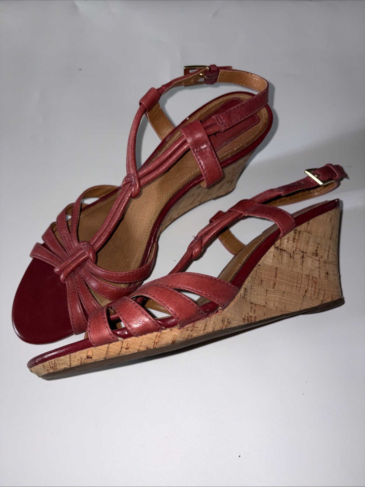 Clark Leather Slingback Sandals Women 9 M Red Cork Wedge Heel Boho