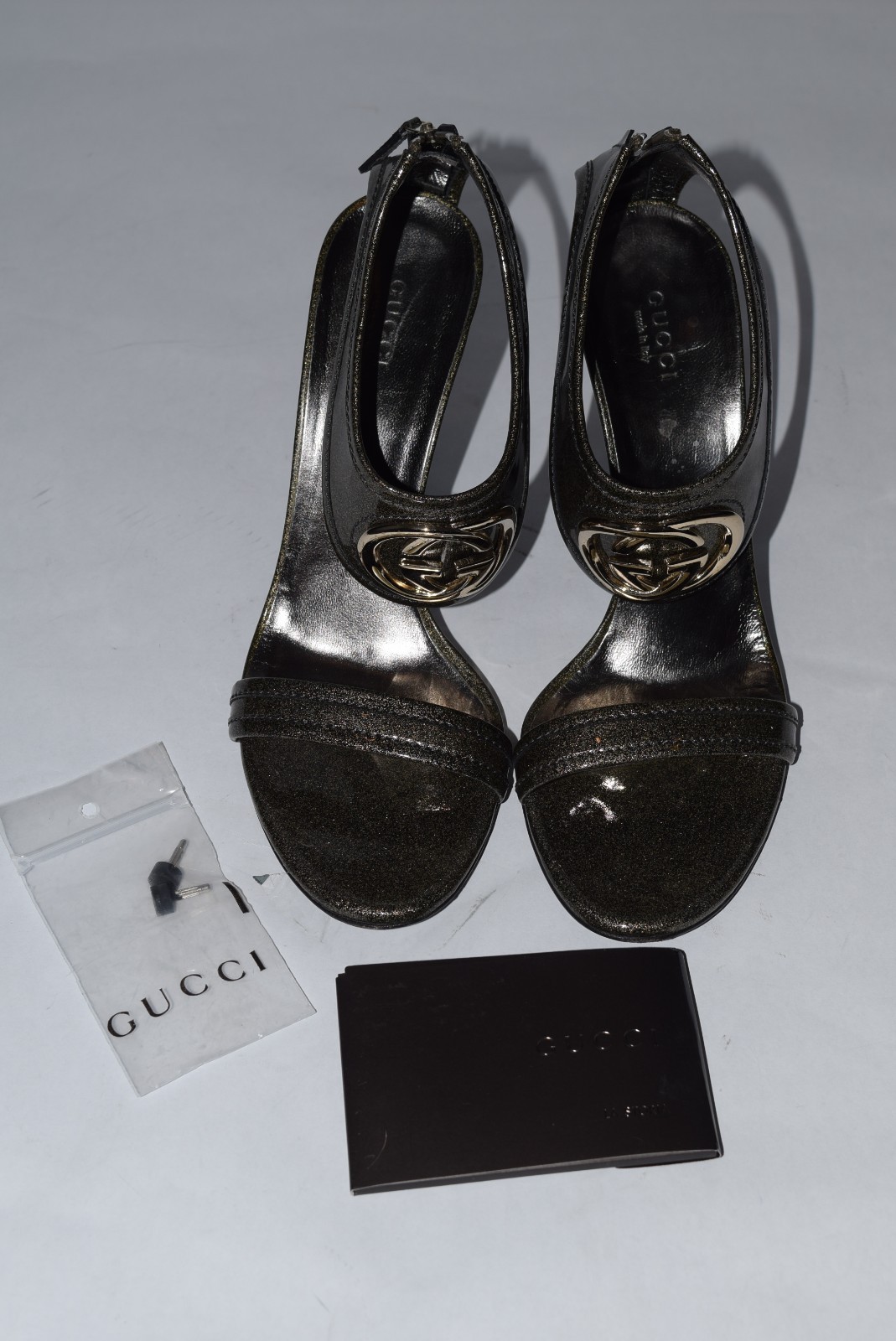 Vintage Gucci Glitter Logo Double G’s Leather Heels sz 38.5/8.5 Anthracite Black