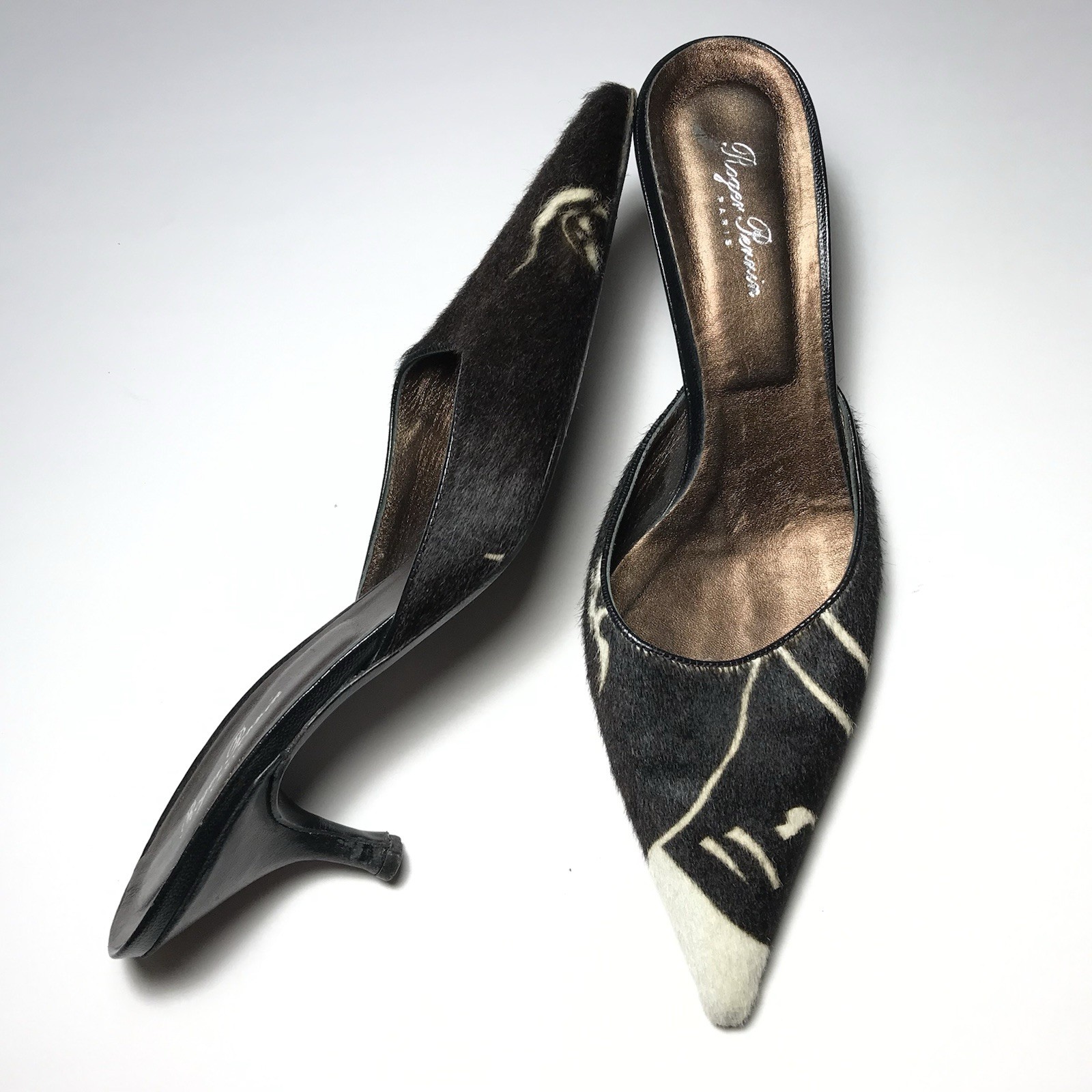 Roger Perrin VTG Y2K Organic Art Deco Calf Hair Point Toe Kitten Heel Mules 39
