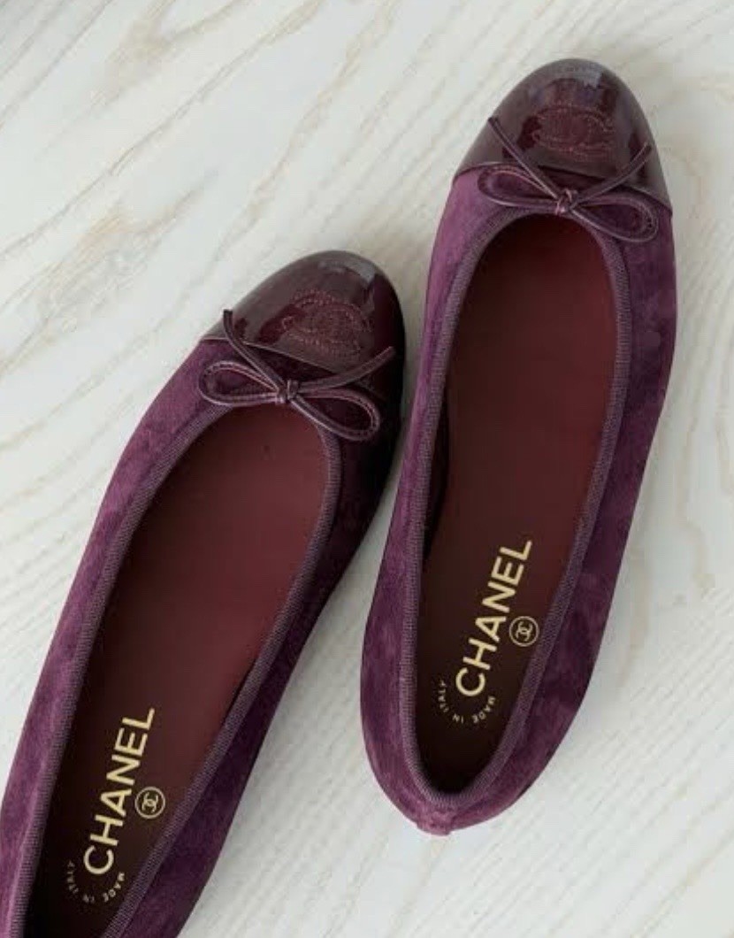 Chanel Suede Patent Cap Toe CC Ballerina Flats Burgundy Size 42