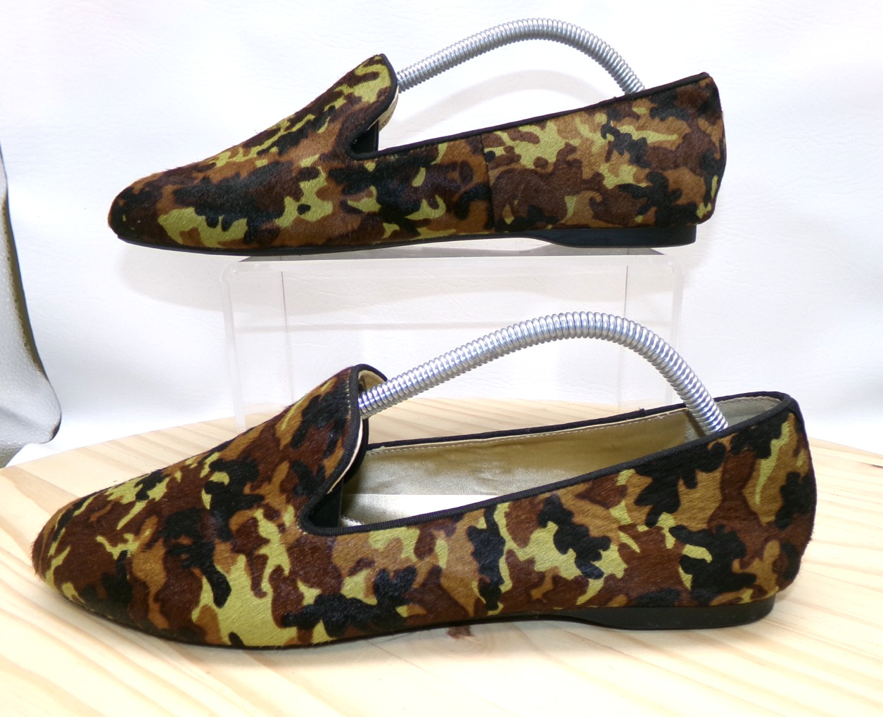 Birdies Camo Print Calf Hair Loafers Womens Green Black Brown Sz 11 Slip On Flat