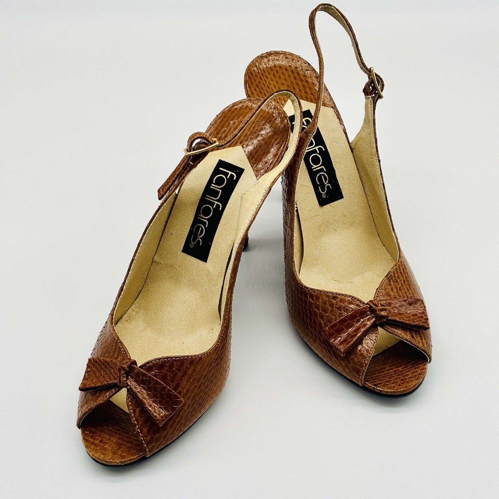 Women’s Slingback Heels Shoes Size 6 Fanfares Tan Leather 3.5 in Heel Peep Toe