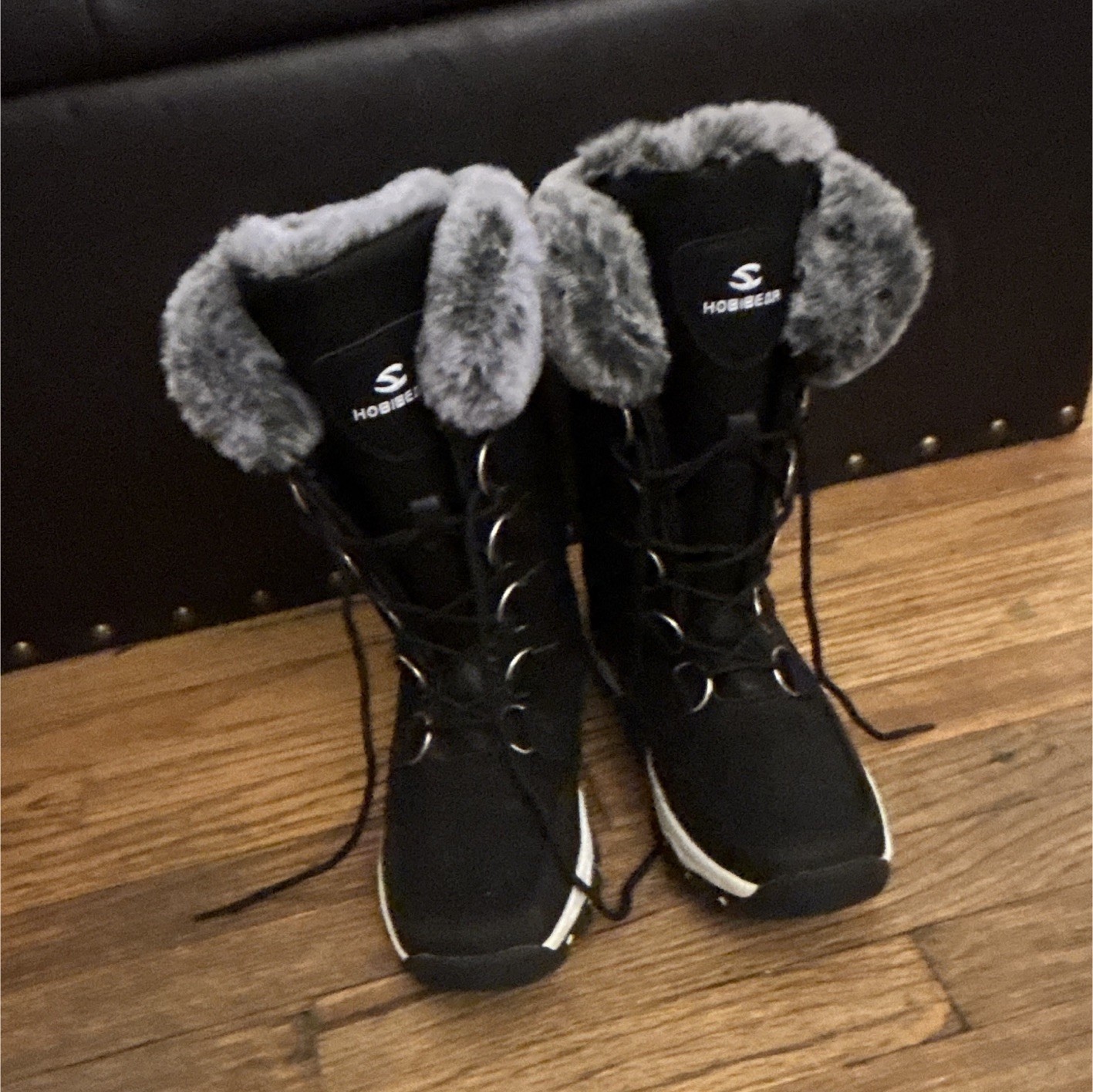 HOBIBEAR Women’s Mid-Calf Lace-Up Snow Boots Black/Gray Faux Fur Trim