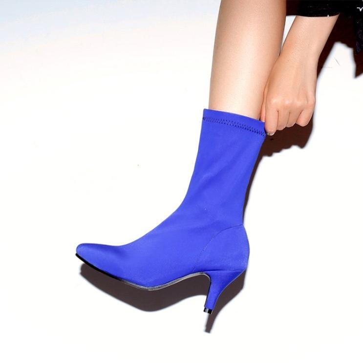 Womens Formal Elastic Ankle Boots Mid Heel Shoes Booties Mid Calf Shoes Fashion