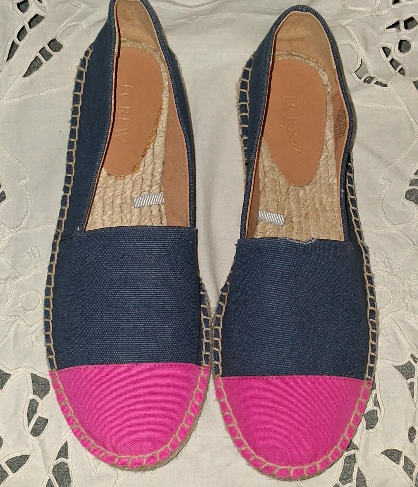 J. Crew Blue Pink Canvas Slip On Espadrilles Jute Sole Shoes Women’s Size 8.5