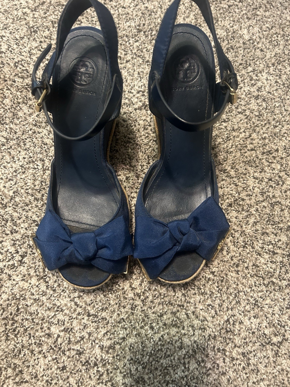 Tory Burch Blue Wedge Ankle Strap Sandals Bow Logo Buckle Women’s US 8
