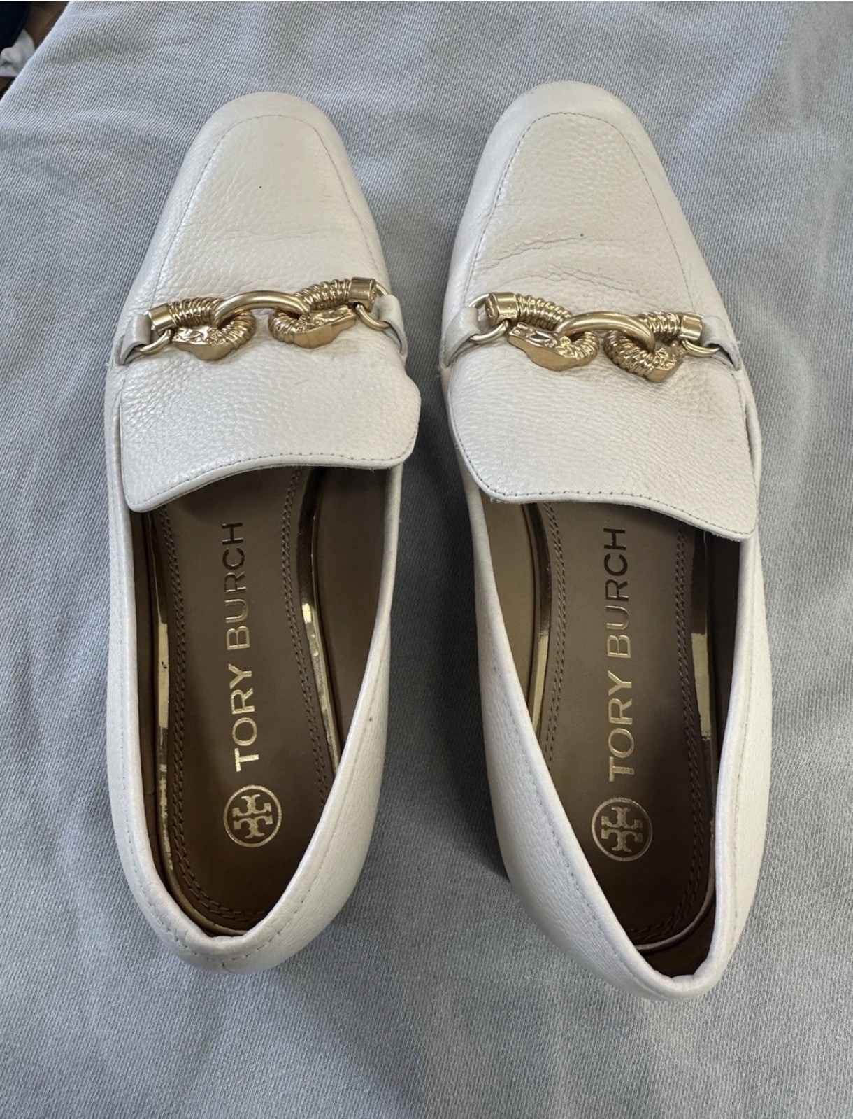 👓Tory Burch Jessa 100% Leather Loafers Light Cream/Gold Women’s 8.5 Horsehead