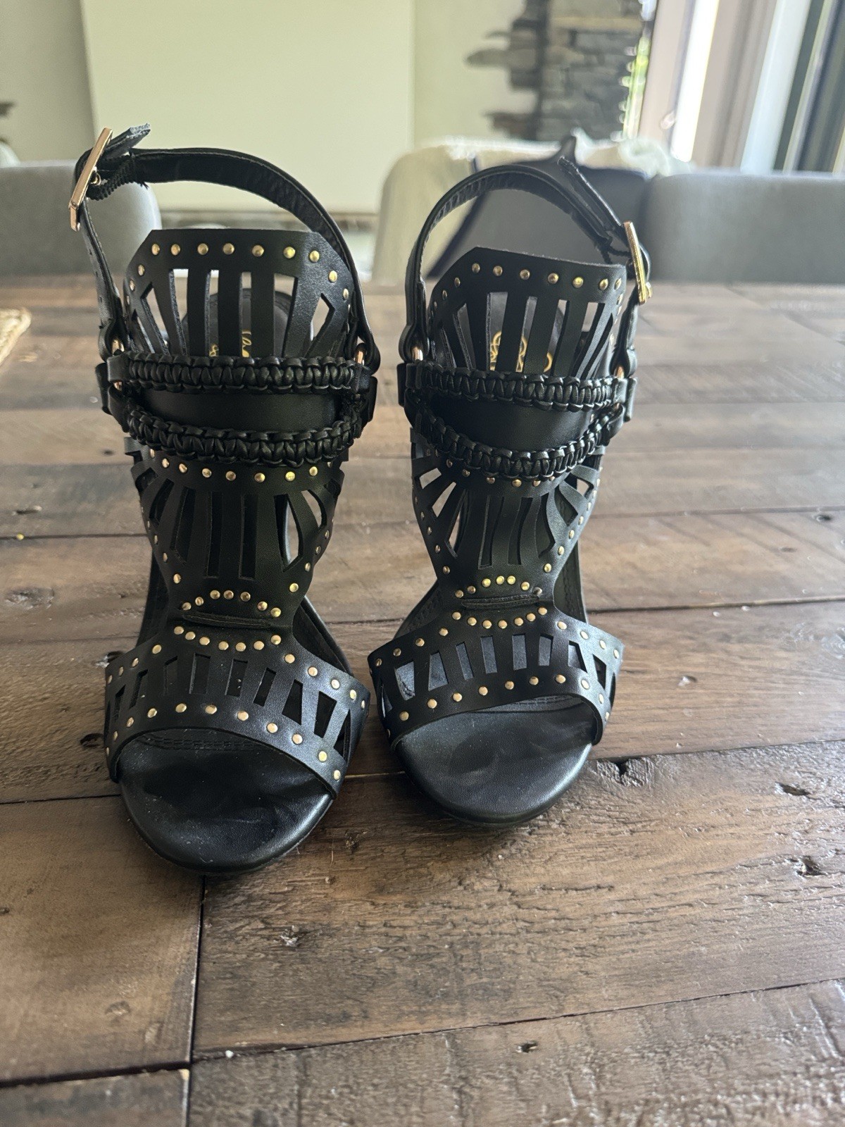 Liliana Women’s Black Faux Leather Studded Strappy Open Toe Heels 7.5