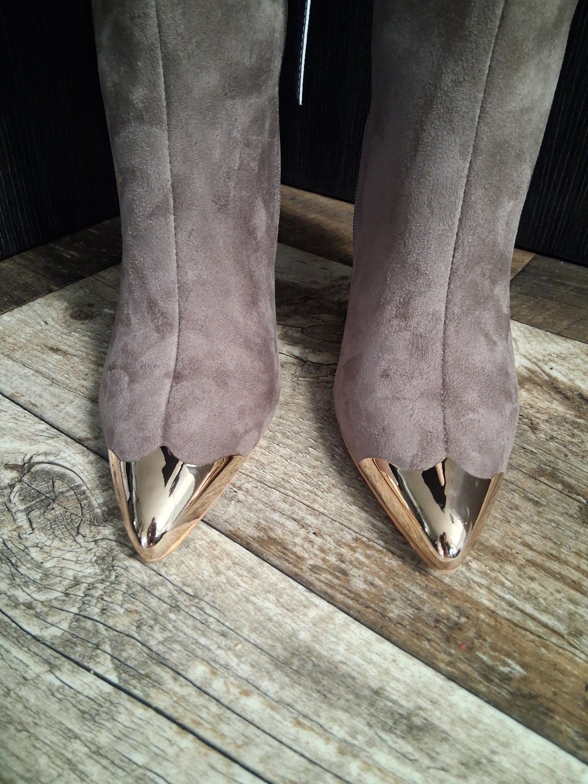 NEW! London Rag Ridda Denim Suede-Like Stilletto Mid-Calf Boot, Taupe Size 10