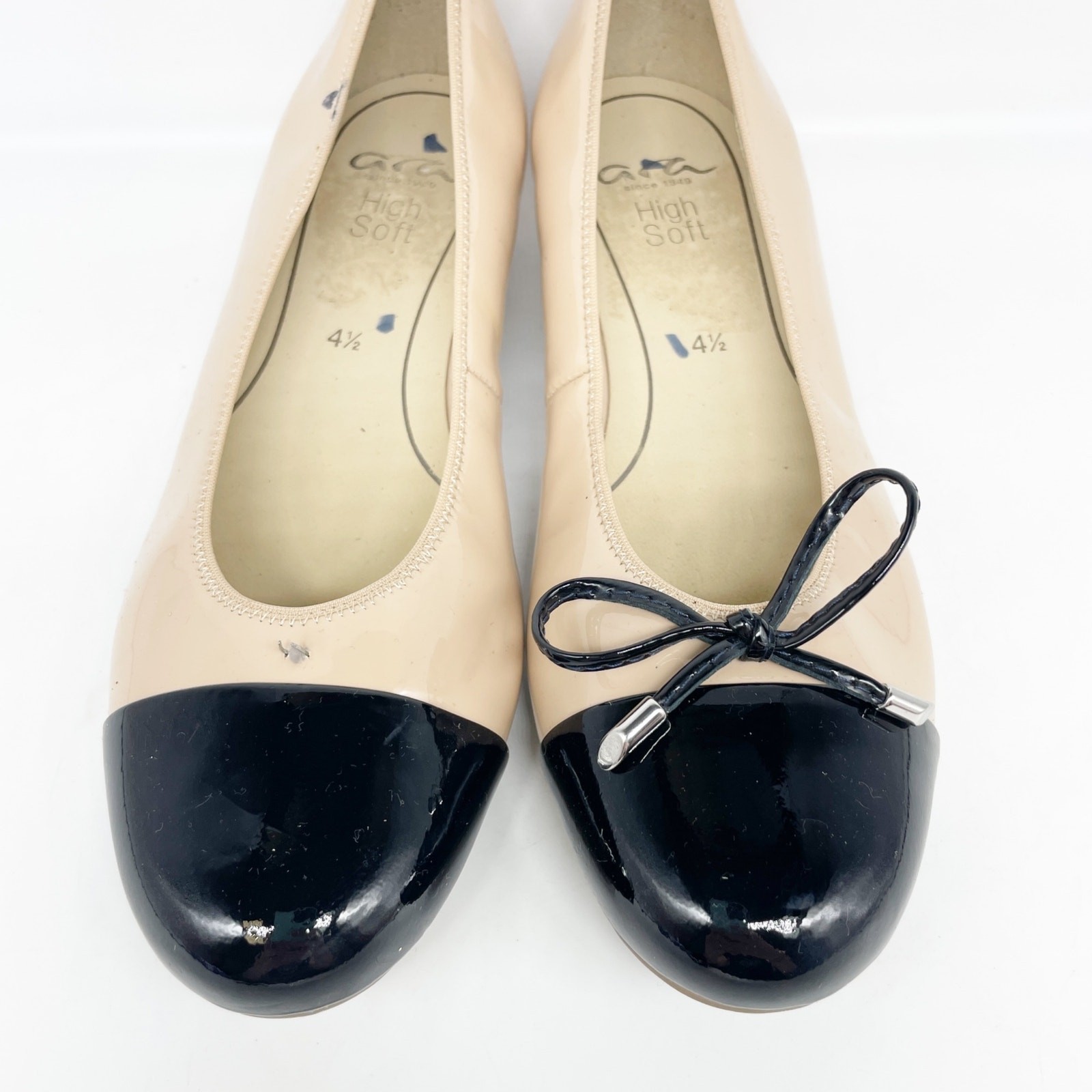 Ara Women’s Nude Black Cap Toe Ballet Flat Patent Leather Size 4.5