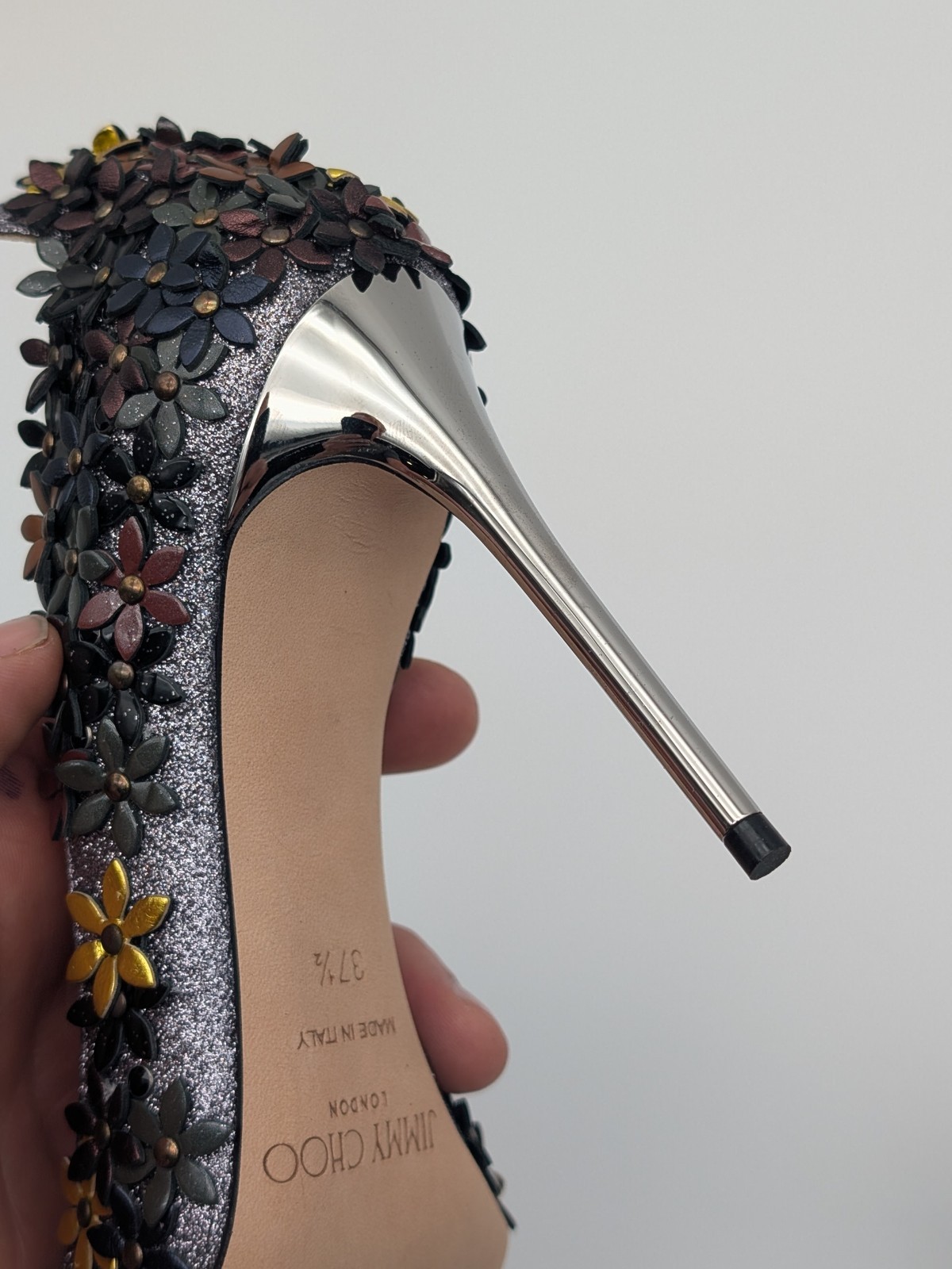 Wms Jimmy Choo Lorelai 100 FGW 155 Fine Glitter Leather Heels US 7.5 / EU 37.5