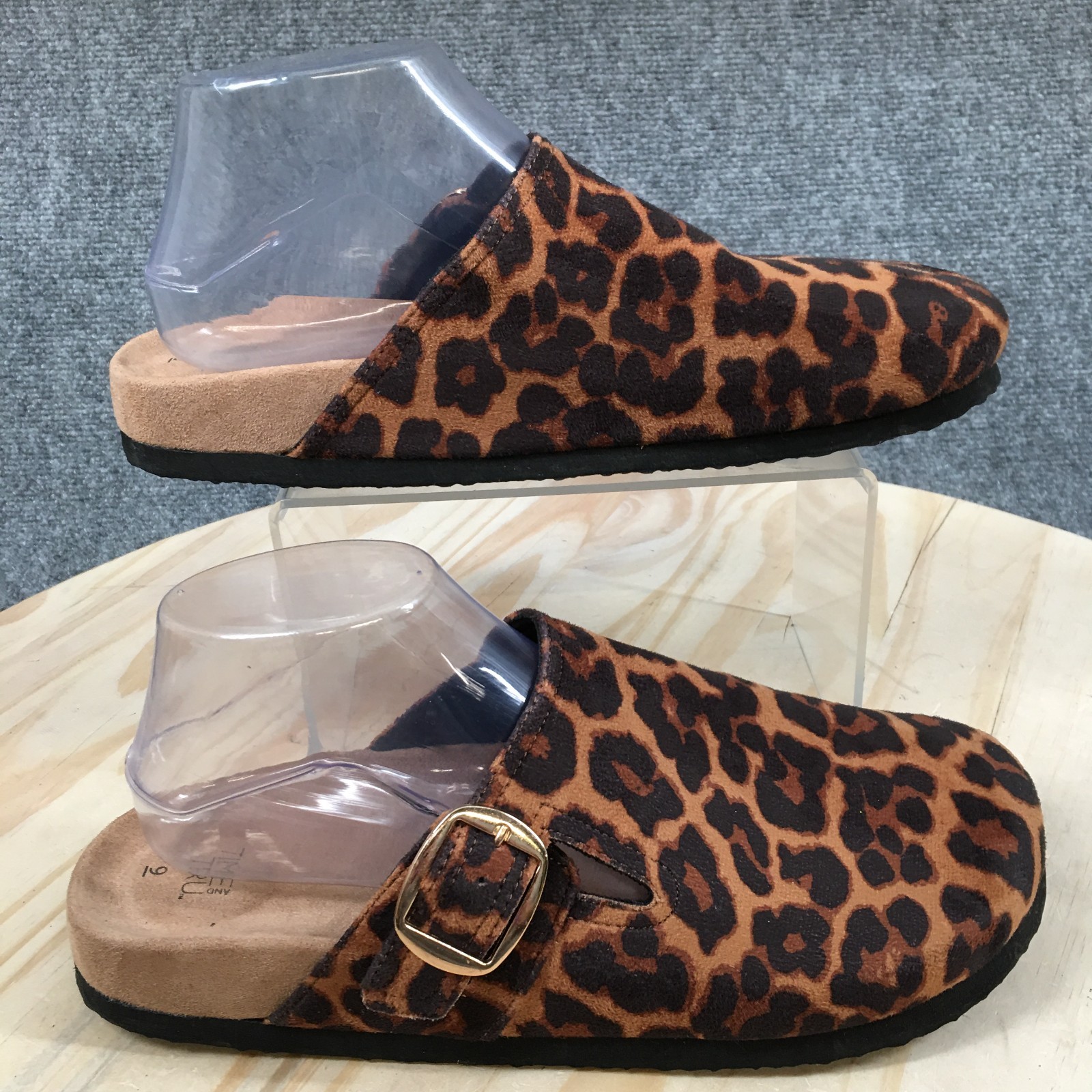 Time and Tru Shoes Womens 9 Buckle Clogs Brown Leopard Print Closed Toe Casual