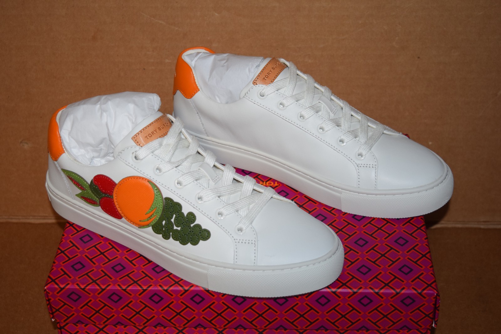 TORY BURCH FRUIT BASKET COLOR BLOCK SNOW WHITE LEATHER SNEAKERS, 5, 5.5,6.5, 9.5