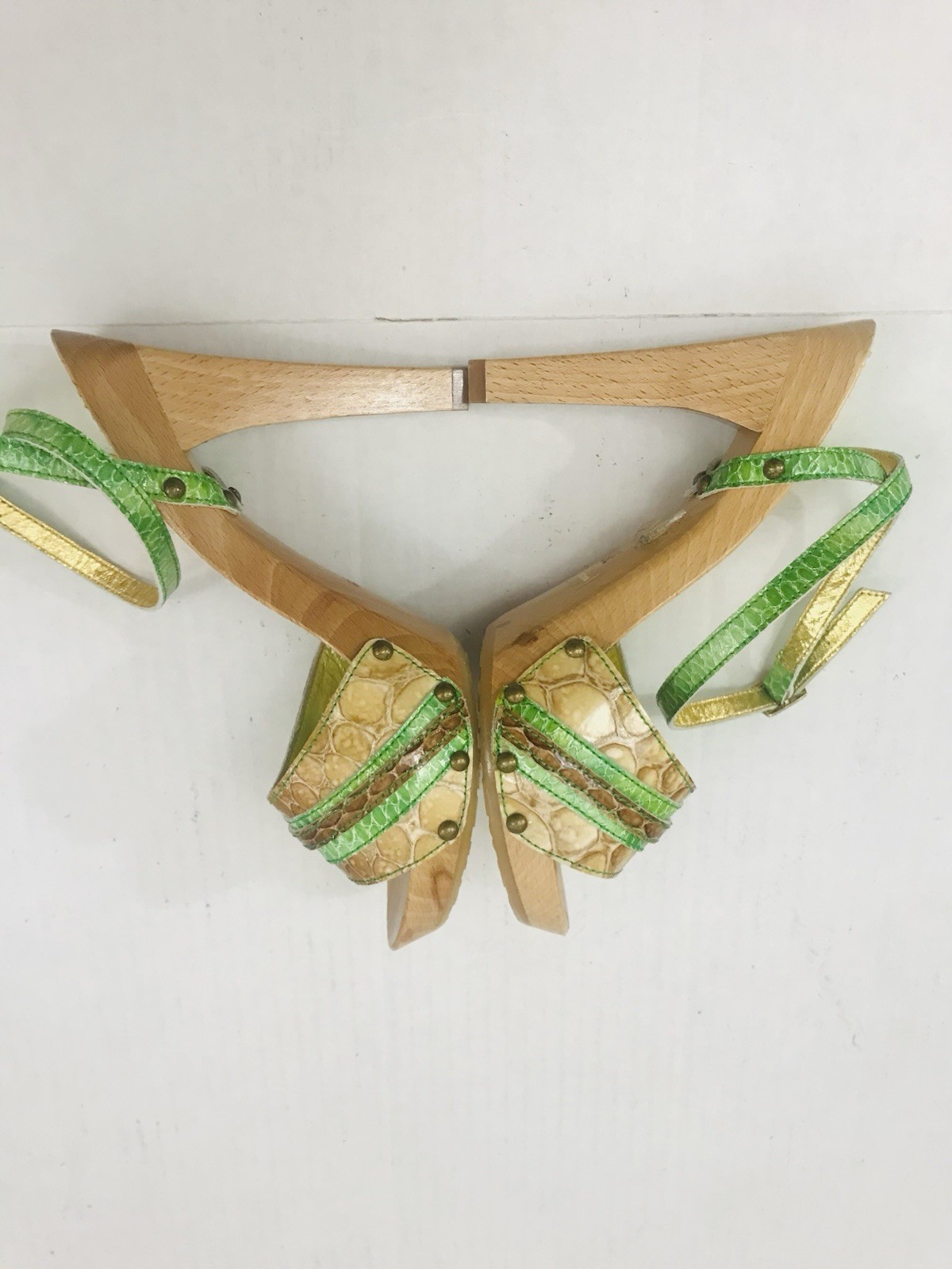 Just Cavalli Wooden Platform Green Snake Embossed Sandals – Size EU 38 | US 8