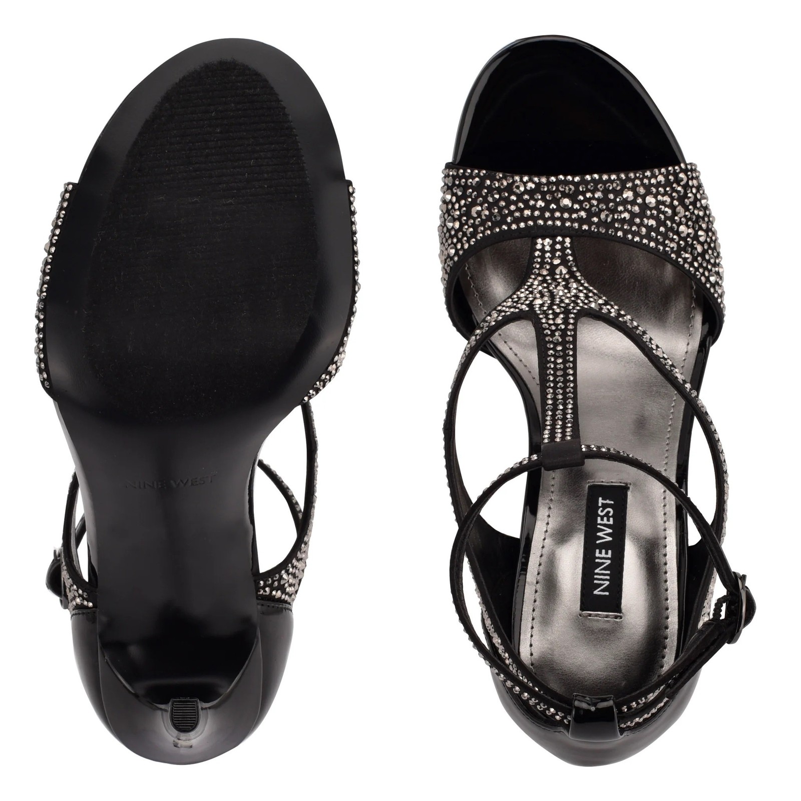 NINE WEST – MEETO, Black faux patent studded 4.25″ stiletto sandals, SZ 7.5