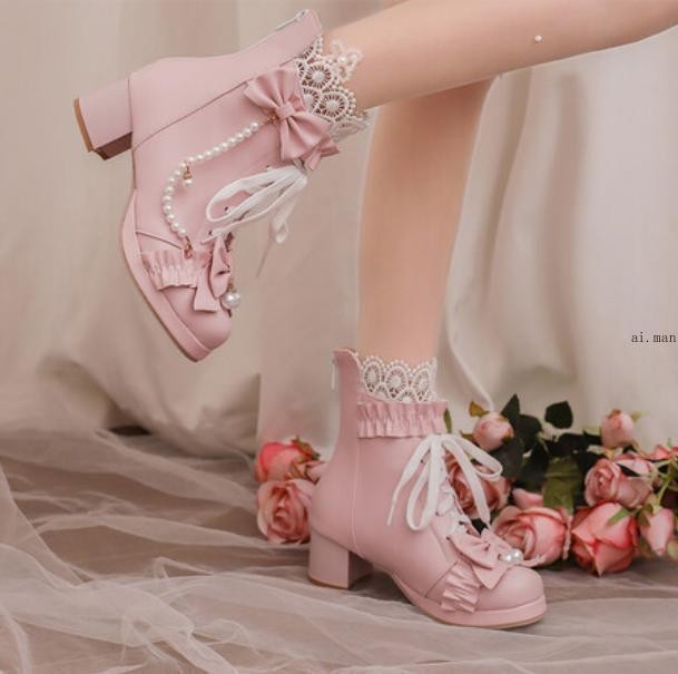 Women Bow Round Toe Block Heel Ankle Boot Lace Lolita Boot Sweety Mary Jane Shoe