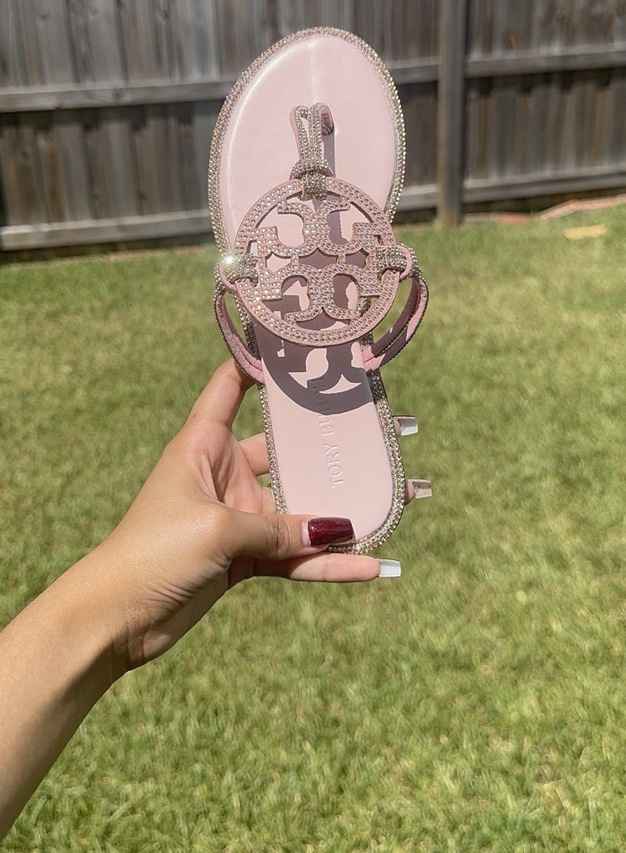 Tory Burch Women’s US 6 Pink Leather Thong Slip-On Sandals Rhinestone