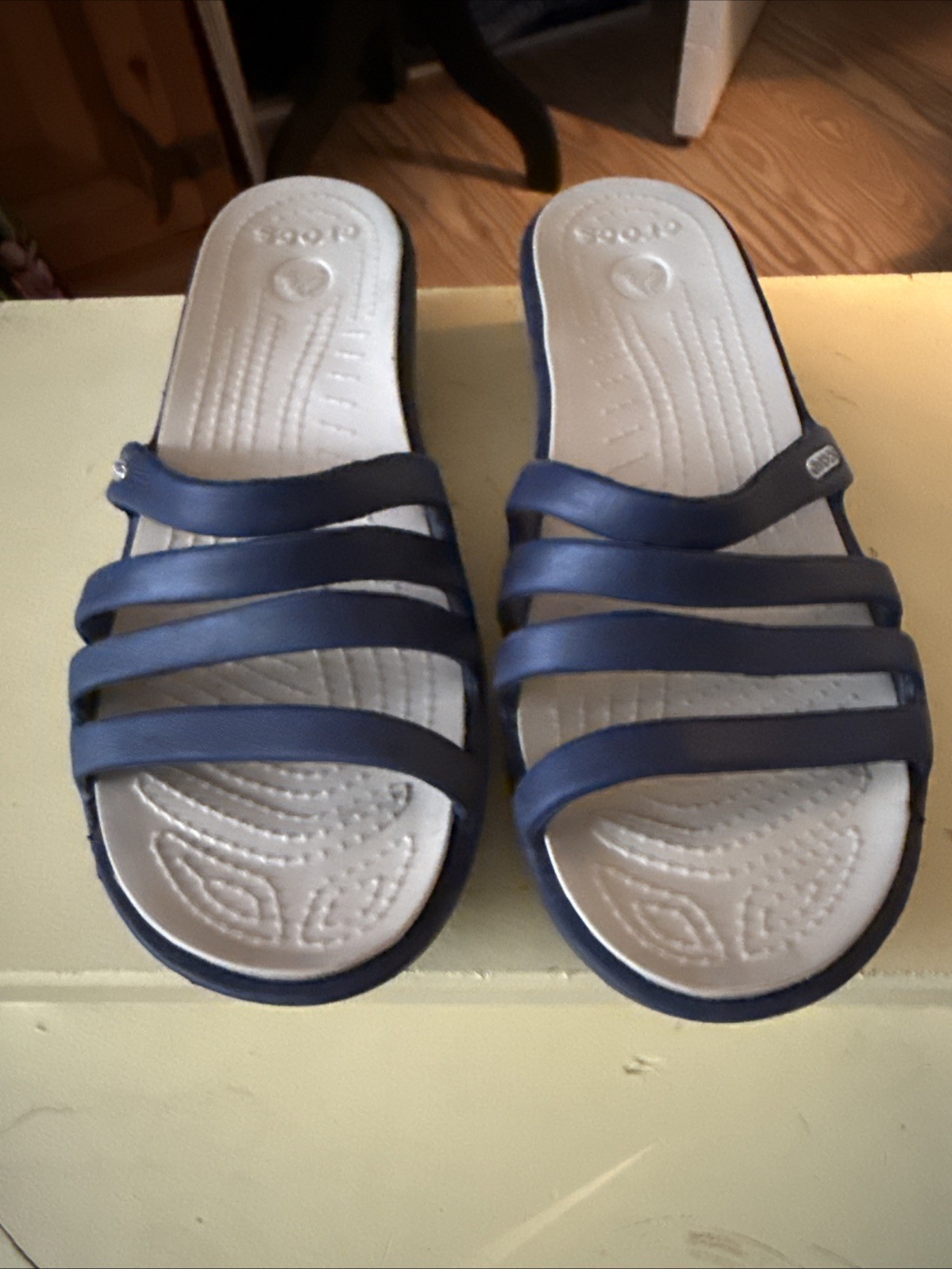 CROCS Women’s RHONDA Wedge Sandals Navy Blue Comfort Slip-on Size 8