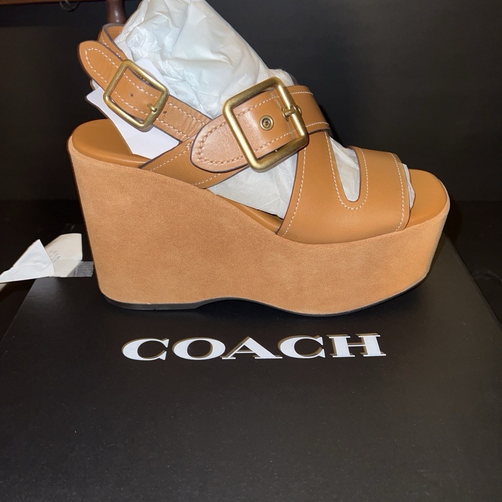 Coach Women’s Brown Leather Wedge Sandals Ankle Strap Buckle US 6.5 B
