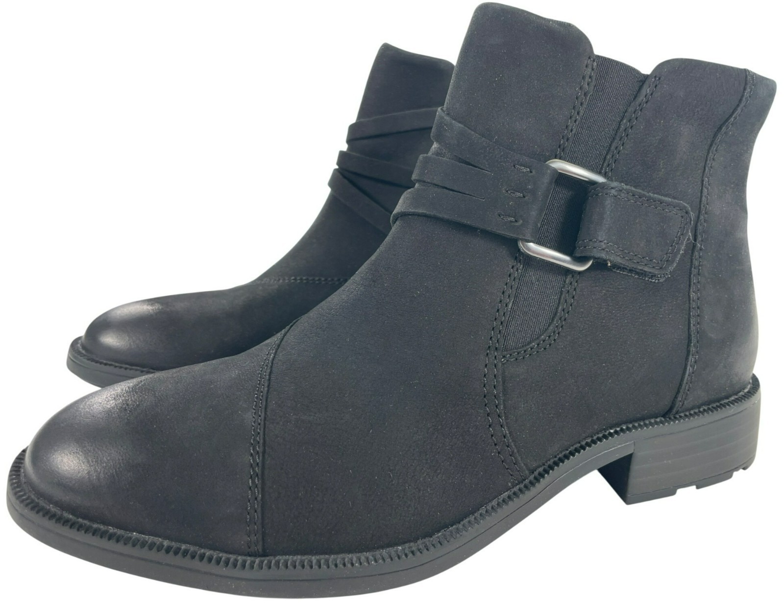 Clarks Adalynn Faye Ankle Boots Black W/Side Zipper & Strap Booties Sz 8.5 NEW