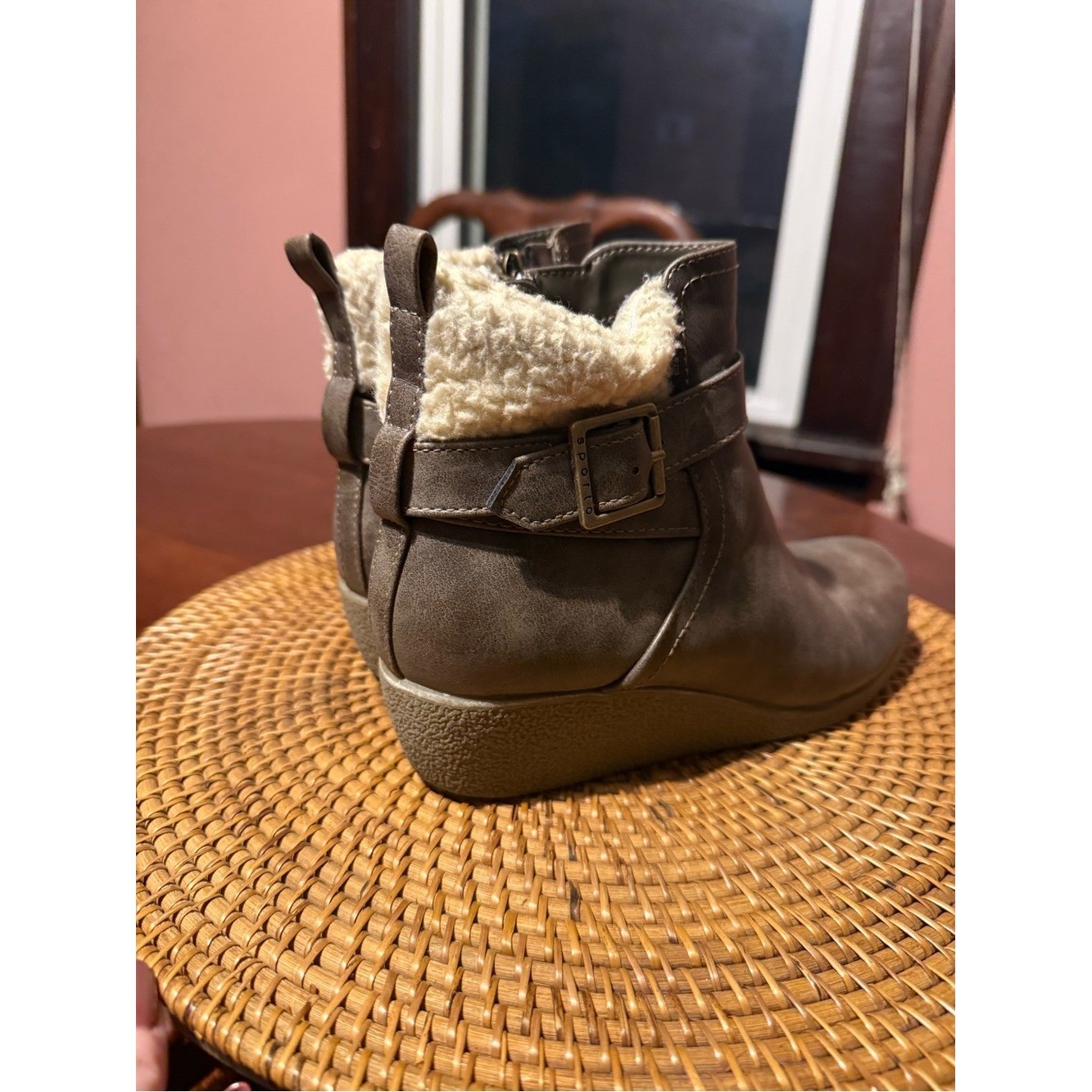 Sporto Taupe Faux Leather Ankle Bootie with Shearling Cuff