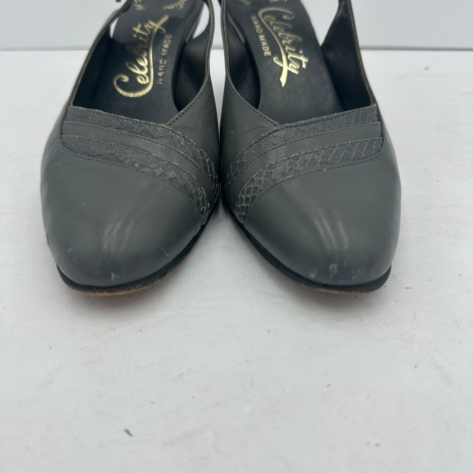 Celebrity Hand Made Mary Jordan Womens Gray Leather Slingback Heels Sz 8 Vintage