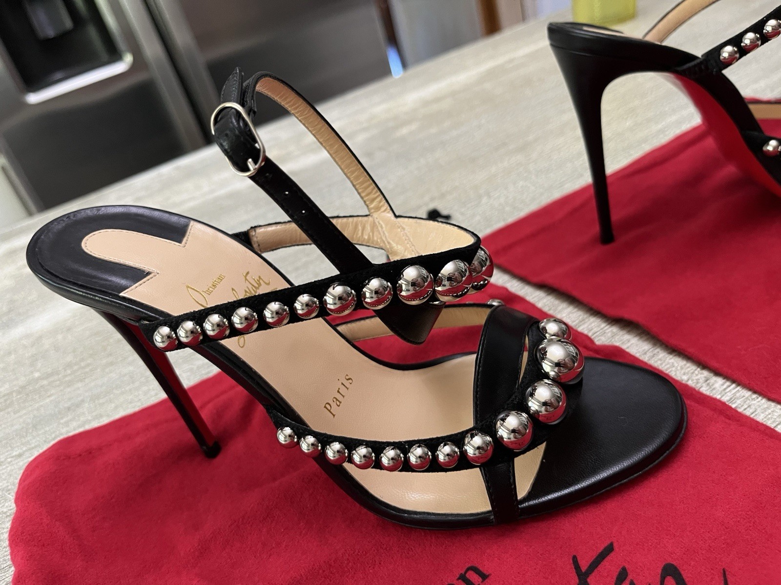 Christian Louboutin Galleria Napa Shiny Black/silver Heeled Sandal W Dome Detail