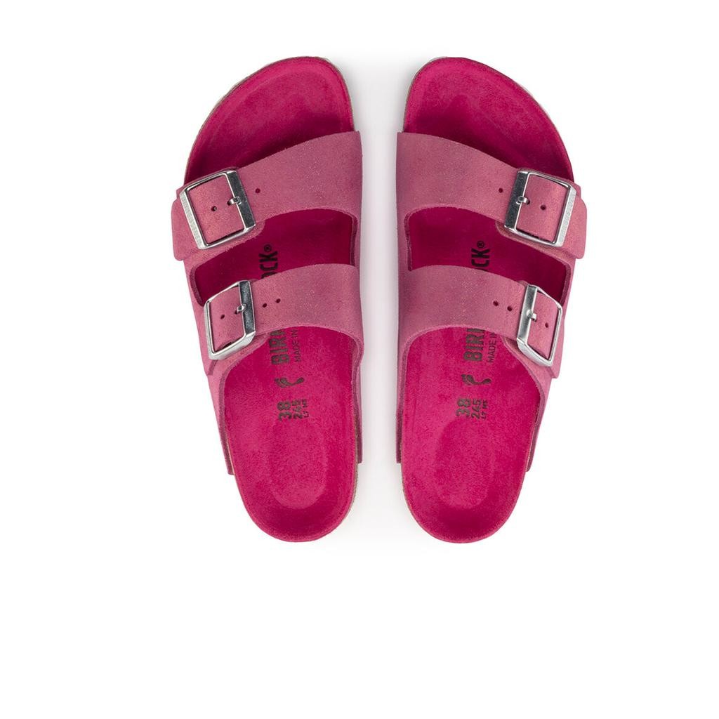 BIRKENSTOCK ARIZONA SHIMMERING FUCHSIA TULIP MEDIUM/NARROW WIDTH SUEDE SLIDE SAN