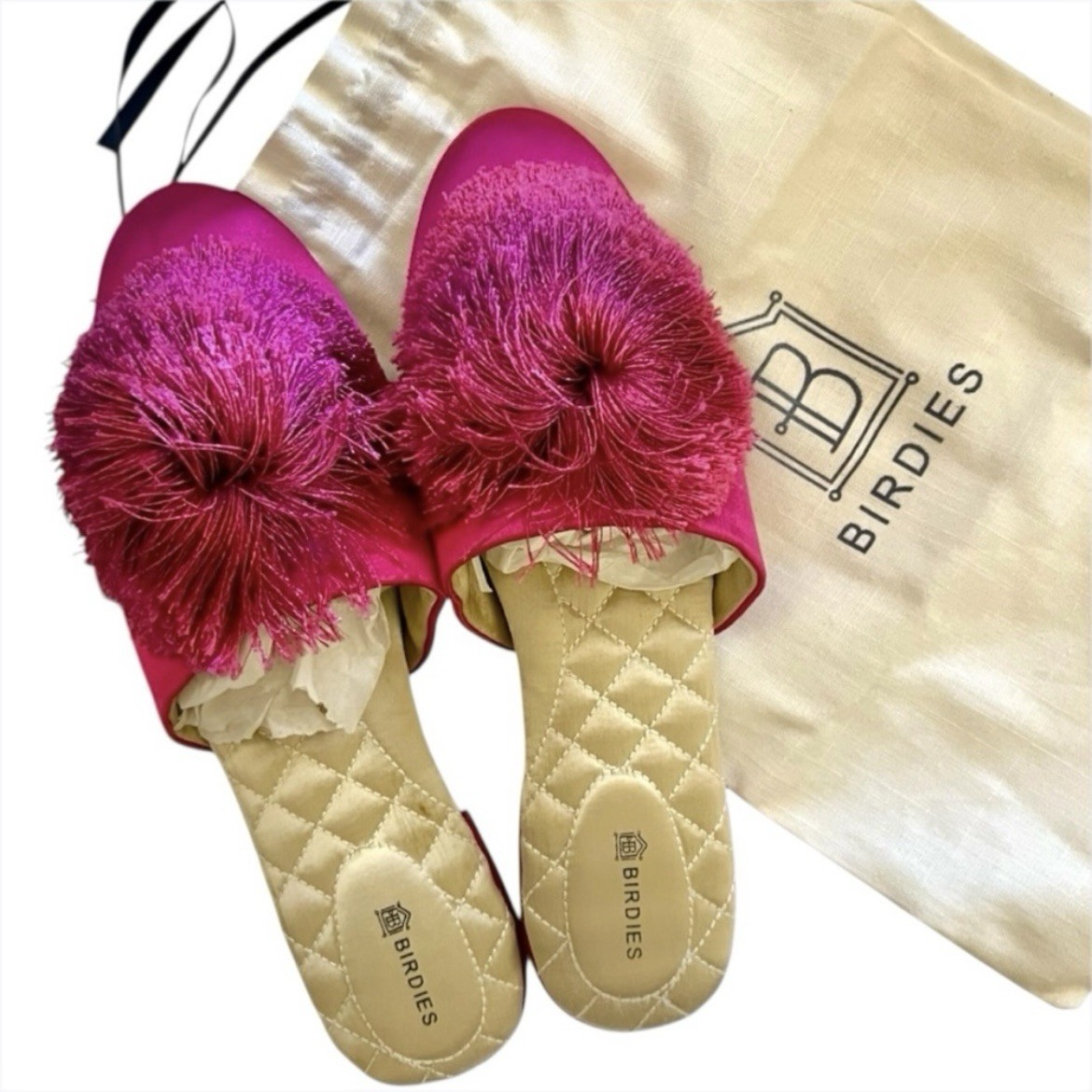 Birdies Fuchsia Pink Pom Pom Satin Songbird Mule Slipper Size 7.5-Never worn