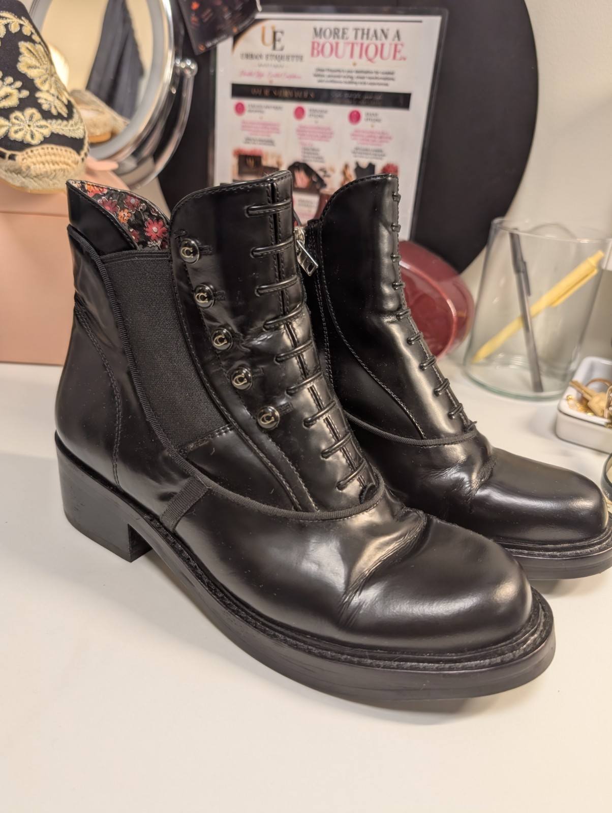Coach x Tabitha Simmons Women’s Black Leather Ankle Booties Lace Up Round Toe 6