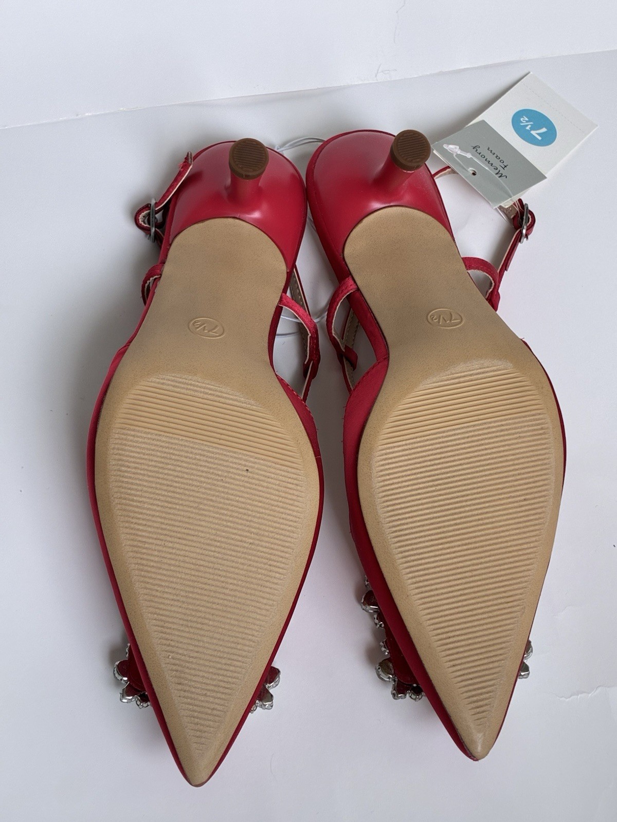 A New Day Red Satin Slingback Heels Pointed Toe Rhinestone Buckle US 7.5